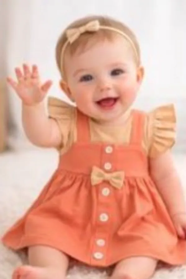Brown_And_Orange_Orange_Dress_With_Ruffle_Sleeves_Bow_Head_For_Baby_Girls_-_GF_1125