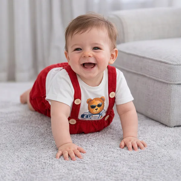 Red_And_White_Dungaree_Set_With_Bear_Patch_Teddy_Bear_For_Baby_Boys_-_BSR_1119