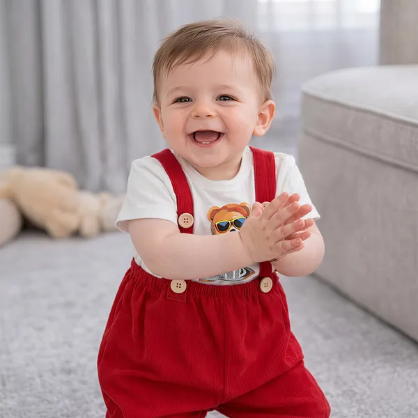 Red_And_White_Dungaree_Set_With_Bear_Patch_Teddy_Bear_For_Baby_Boys_-_BSR_1119