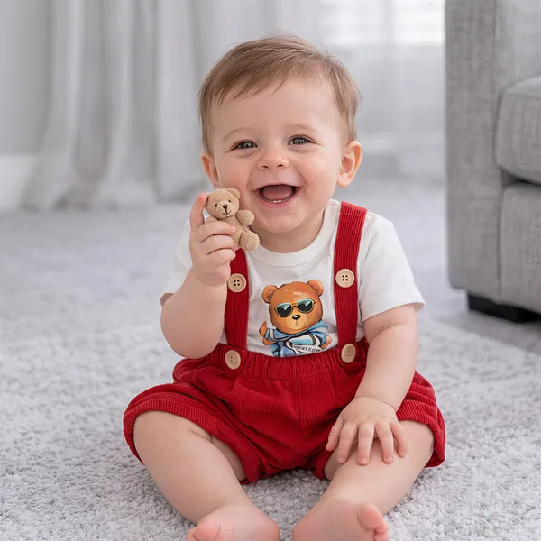 Red_And_White_Dungaree_Set_With_Bear_Patch_Teddy_Bear_For_Baby_Boys_-_BSR_1119