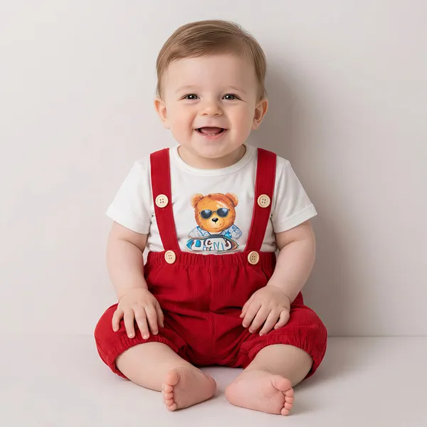 Red_And_White_Dungaree_Set_With_Bear_Patch_Teddy_Bear_For_Baby_Boys_-_BSR_1119