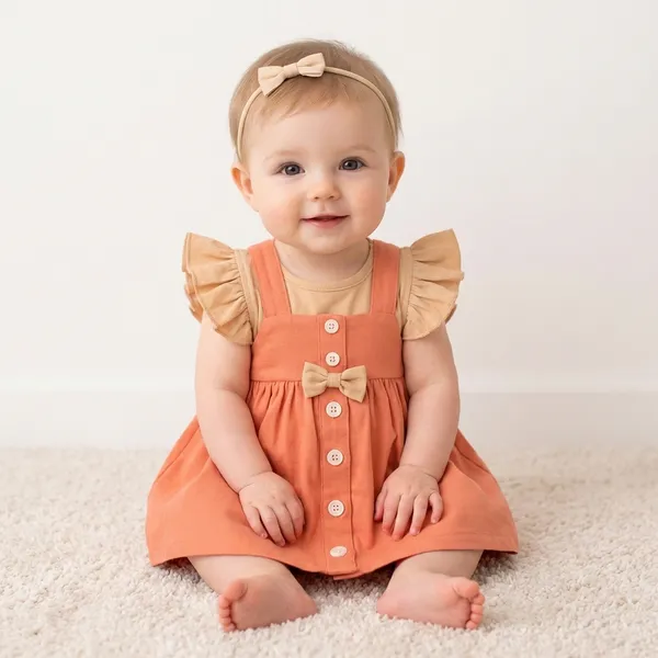 Brown_And_Orange_Orange_Dress_With_Ruffle_Sleeves_Bow_Head_For_Baby_Girls_-_GF_1125