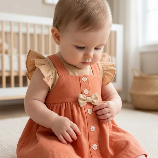Brown_And_Orange_Orange_Dress_With_Ruffle_Sleeves_Bow_Head_For_Baby_Girls_-_GF_1125