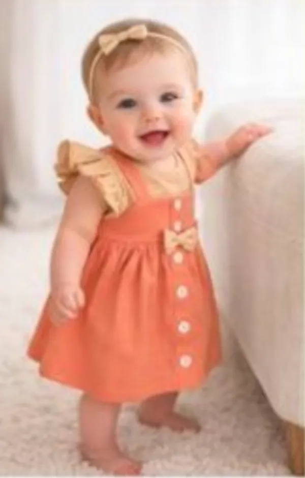 Brown_And_Orange_Orange_Dress_With_Ruffle_Sleeves_Bow_Head_For_Baby_Girls_-_GF_1125
