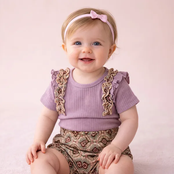 Lavender_And_Brown_Ruffled_Sleeve_Top_With_Printed_Suspender_Shorts_Outfit_Set_For_Baby_Girls_-_PF_1122