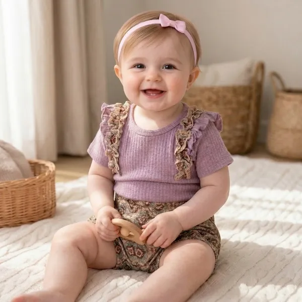 Lavender_And_Brown_Ruffled_Sleeve_Top_With_Printed_Suspender_Shorts_Outfit_Set_For_Baby_Girls_-_PF_1122