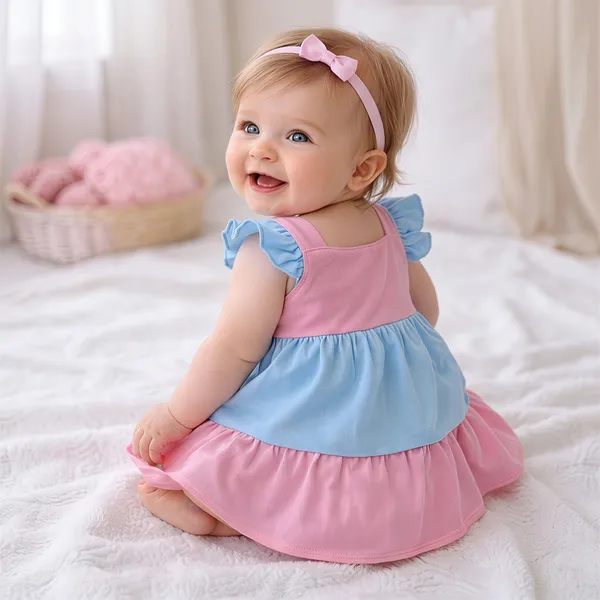 Pink_And_Blue_Tie_Ruffle_Dress_With_Bow_Head_For_Baby_Girls_-_PC_1129