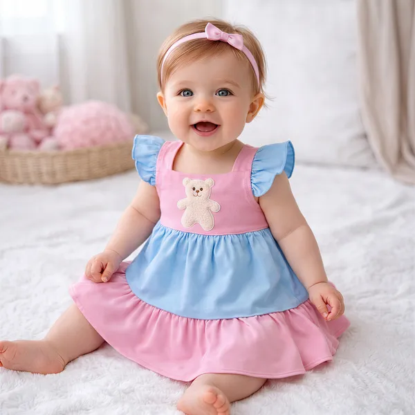 Pink_And_Blue_Tie_Ruffle_Dress_With_Bow_Head_For_Baby_Girls_-_PC_1129
