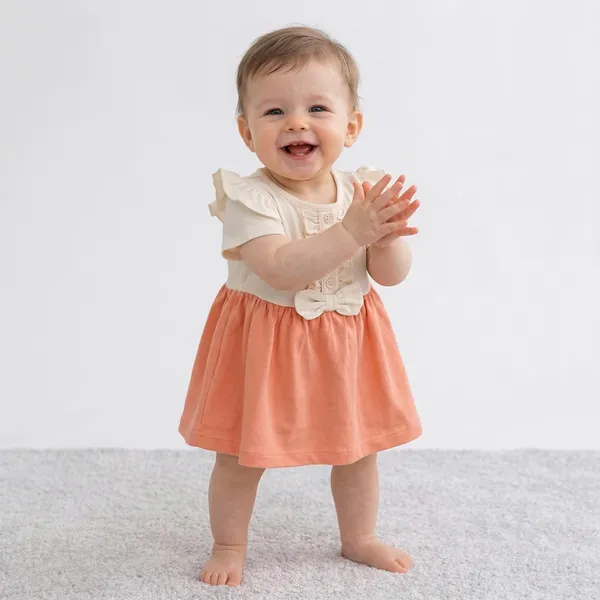 Orange_And_Cream_Ruffled_Collar_Dress_With_Short_Sleeves_For_Baby_Girls_-_OF_1131