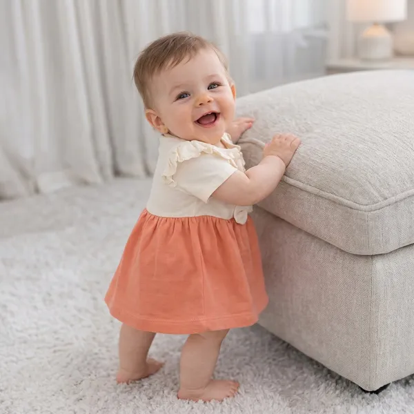 Orange_And_Cream_Ruffled_Collar_Dress_With_Short_Sleeves_For_Baby_Girls_-_OF_1131