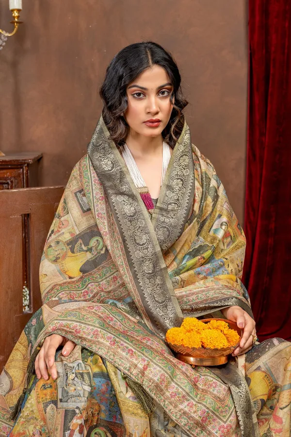 Premium_Kanjivaram_Silk_Saree_With_Black_Rajgharana_Heritage_Panel_Digital_Print_And_Jacquard_Border