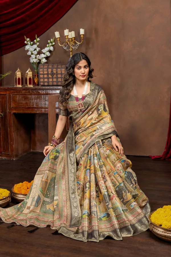 Premium_Kanjivaram_Silk_Saree_With_Black_Rajgharana_Heritage_Panel_Digital_Print_And_Jacquard_Border