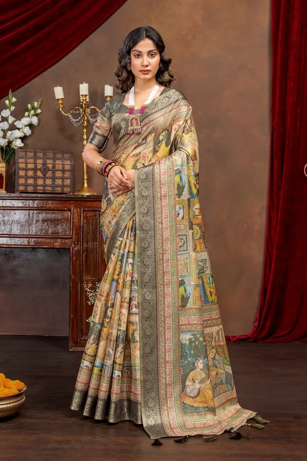 Premium_Kanjivaram_Silk_Saree_With_Black_Rajgharana_Heritage_Panel_Digital_Print_And_Jacquard_Border