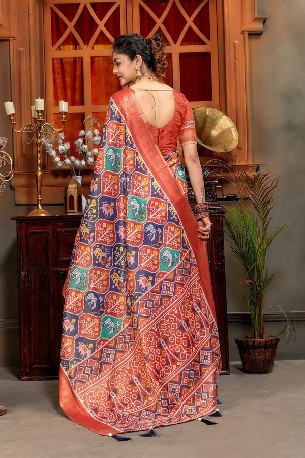Royal_Tribal_Heritage_Patola_Print_Kanjivaram_Silk_Saree_Blue_And_Red