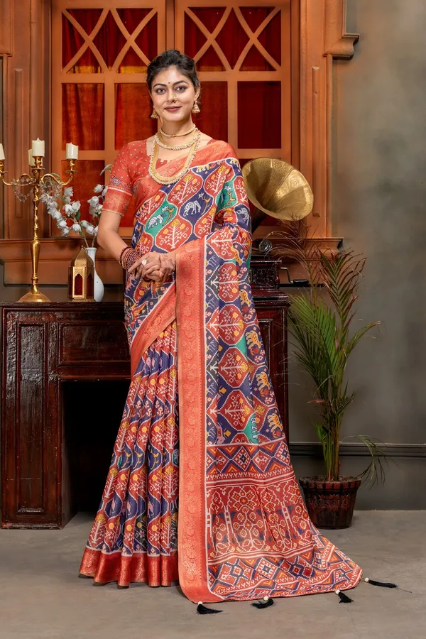 Royal_Tribal_Heritage_Patola_Print_Kanjivaram_Silk_Saree_Blue_And_Red
