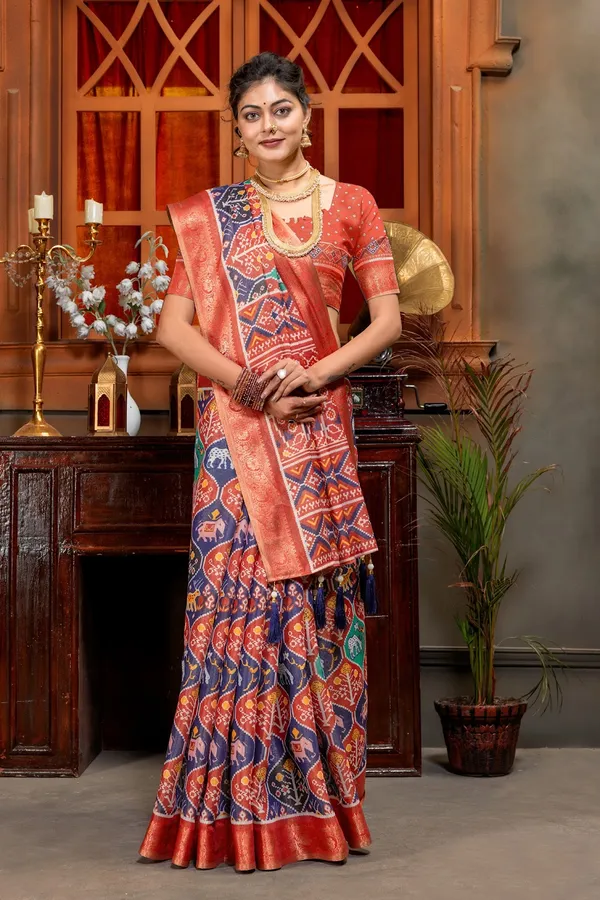 Royal_Tribal_Heritage_Patola_Print_Kanjivaram_Silk_Saree_Blue_And_Red