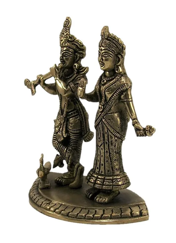 NEO_CLASSIC_Radha_Krishna_Brass_Idol_with_Flute_|_Kishan_Kanhaiya_Murti_with_Peacock_Design_|_Heavy_Base_Religious_Statue_for_Home_Temple,_Pooja_&_Décor_(6_Inch)