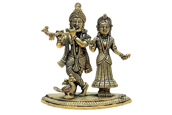 NEO_CLASSIC_Radha_Krishna_Brass_Idol_with_Flute_|_Kishan_Kanhaiya_Murti_with_Peacock_Design_|_Heavy_Base_Religious_Statue_for_Home_Temple,_Pooja_&_Décor_(6_Inch)