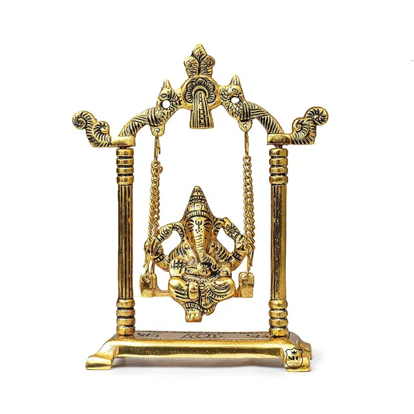 NEO_CLASSIC_Lord_Ganesha_Sitting_on_Jhula_Idol_|_Gold_Plated_Metal_Ganesh_Ji_Statue_|_Antique_Finish_Spiritual_Showpiece_for_Home_Décor_&_Pooja