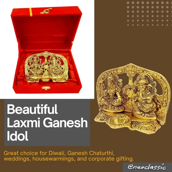 NEO_CLASSIC_Laxmi_Ganesh_Idol_with_Oil_Lamp_Diya_|_Gold_Finish_Pooja_Deepak_|_Diwali_Decoration_Item_|_Mandir_Decor_&_Gift_Set_with_Red_Velvet_Box
