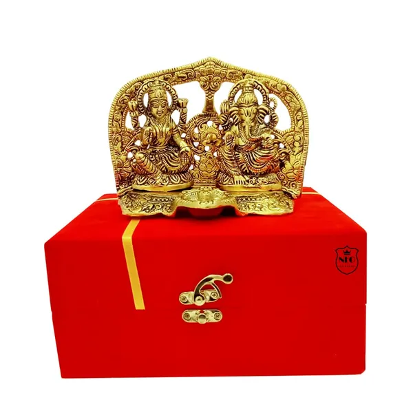 NEO_CLASSIC_Laxmi_Ganesh_Idol_with_Oil_Lamp_Diya_|_Gold_Finish_Pooja_Deepak_|_Diwali_Decoration_Item_|_Mandir_Decor_&_Gift_Set_with_Red_Velvet_Box