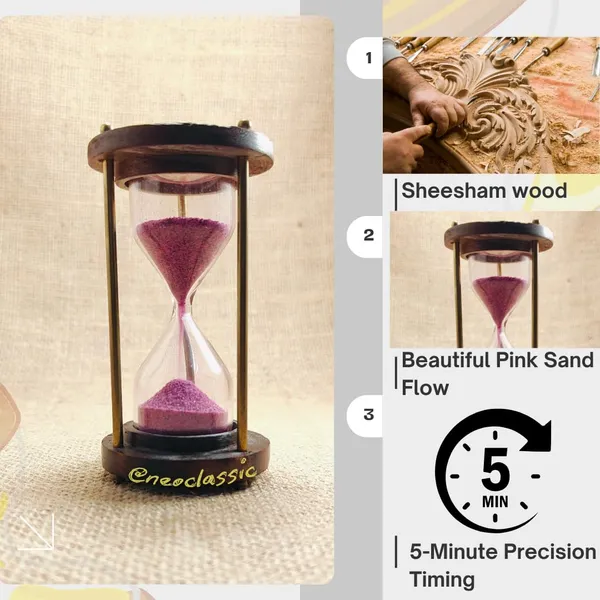 NEO_CLASSIC_5-Minute_Vintage_Hourglass_Timer_–_Brass_&_Wood_Sand_Clock_for_Décor_&_Study_(4_Inch,_Pink)