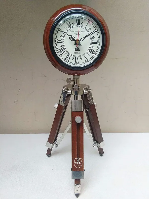 NEO_CLASSIC_Wooden_Tripod_Stand_Clock_|_Vintage_Brass_Antique_Look_Floor/Table_Clock_|_Adjustable_Decorative_Home_Decor_|_18_Inch