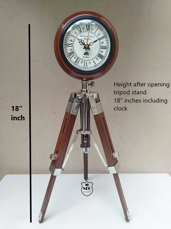 NEO_CLASSIC_Wooden_Tripod_Stand_Clock_|_Vintage_Brass_Antique_Look_Floor/Table_Clock_|_Adjustable_Decorative_Home_Decor_|_18_Inch