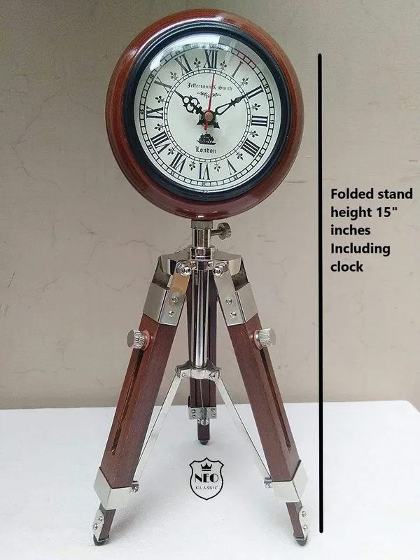 NEO_CLASSIC_Wooden_Tripod_Stand_Clock_|_Vintage_Brass_Antique_Look_Floor/Table_Clock_|_Adjustable_Decorative_Home_Decor_|_18_Inch
