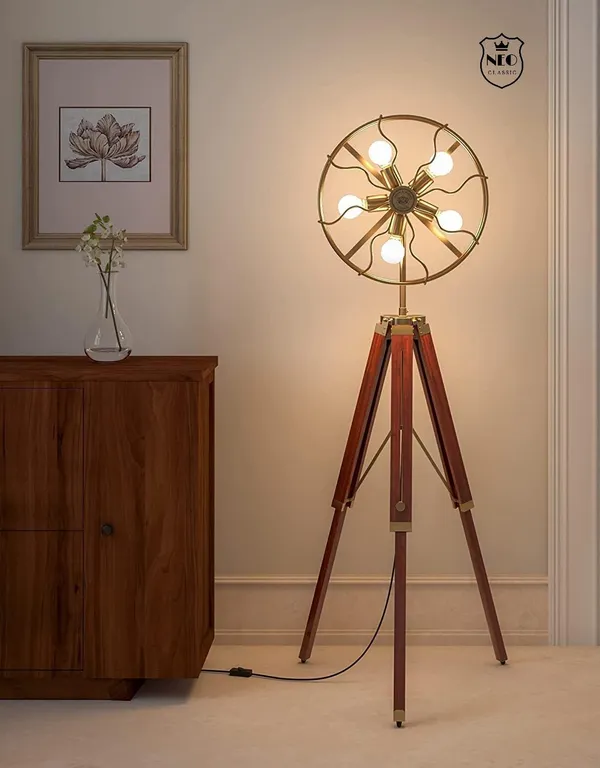 Alloy_Steel_Beautiful_Bedroom_Corner_Fen_Wooden_Brown_And_Brass_Antique_Gold_5ft_Adjustable_Tripod_Floor_Lamp_Standing_With_Movable_Wheel_Fan_Light_Medium_3_5_Feet
