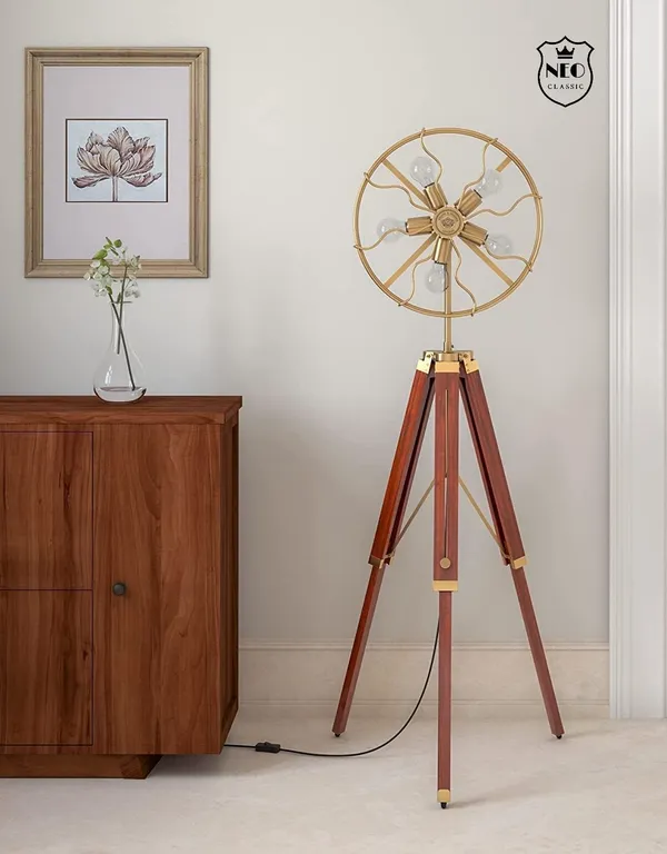 Alloy_Steel_Beautiful_Bedroom_Corner_Fen_Wooden_Brown_And_Brass_Antique_Gold_5ft_Adjustable_Tripod_Floor_Lamp_Standing_With_Movable_Wheel_Fan_Light_Medium_3_5_Feet
