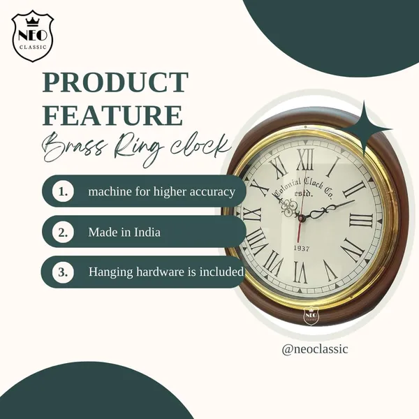 NEO_CLASSIC_Wooden_Antique_Designer_Wall_Clock_with_Solid_Brass_Ring_–_Vintage_Home_&_Office_Decor_(Coffee_Brown,_16_Inch)