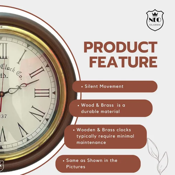 NEO_CLASSIC_Wooden_Antique_Designer_Wall_Clock_with_Solid_Brass_Ring_–_Vintage_Home_&_Office_Decor_(Coffee_Brown,_16_Inch)