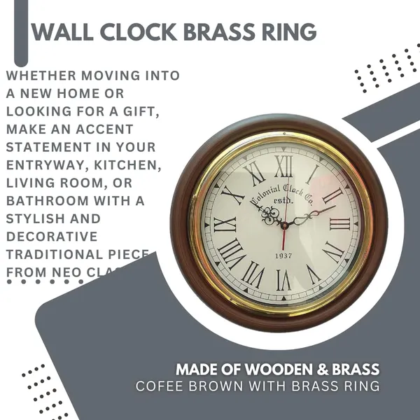 NEO_CLASSIC_Wooden_Antique_Designer_Wall_Clock_with_Solid_Brass_Ring_–_Vintage_Home_&_Office_Decor_(Coffee_Brown,_16_Inch)