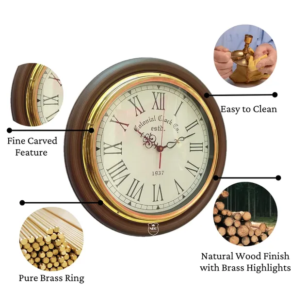 NEO_CLASSIC_Wooden_Antique_Designer_Wall_Clock_with_Solid_Brass_Ring_–_Vintage_Home_&_Office_Decor_(Coffee_Brown,_16_Inch)