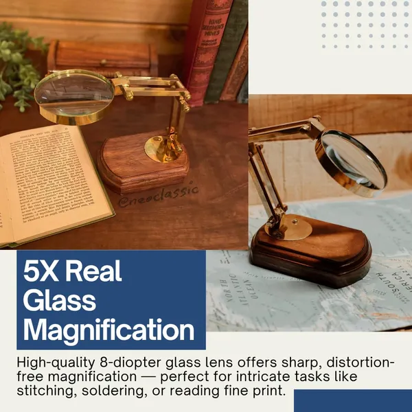 NEO_CLASSIC_Vintage_5X_Magnifying_Glass_with_Adjustable_Stand_|_Antique_Finish_Magnifier_with_Mango_Wood_Base_&_Screw_Lock_Arm_for_Reading,_Crafting,_Hobby,_Inspection_&_Repairs