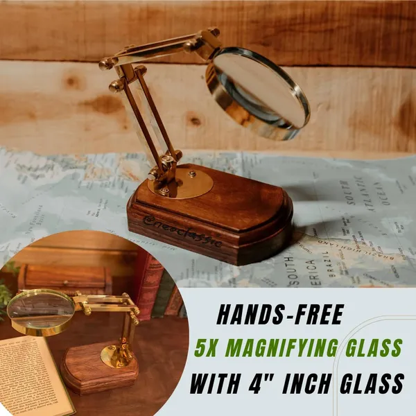 NEO_CLASSIC_Vintage_5X_Magnifying_Glass_with_Adjustable_Stand_|_Antique_Finish_Magnifier_with_Mango_Wood_Base_&_Screw_Lock_Arm_for_Reading,_Crafting,_Hobby,_Inspection_&_Repairs