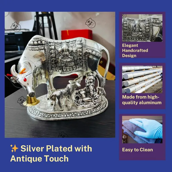 Detailed_Cow_&_Calf_design_with_fine_craftsmanship_Durable_aluminium_metal_construction_Silver_plated_antique_finish_XL_size_with_sturdy_900g_weight_Suitable_for_home,_office_&_temple_décorNEO_CLASSIC_Aluminium_Metal_Cow_with_Calf_Statue_XL_(900g)_|_Silver_Plated_Antique_Finish_|_Decorative_Showpiece_for_Home,_Office,_Temple_&_Gifting