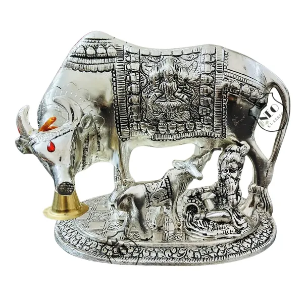 Detailed_Cow_&_Calf_design_with_fine_craftsmanship_Durable_aluminium_metal_construction_Silver_plated_antique_finish_XL_size_with_sturdy_900g_weight_Suitable_for_home,_office_&_temple_décorNEO_CLASSIC_Aluminium_Metal_Cow_with_Calf_Statue_XL_(900g)_|_Silver_Plated_Antique_Finish_|_Decorative_Showpiece_for_Home,_Office,_Temple_&_Gifting