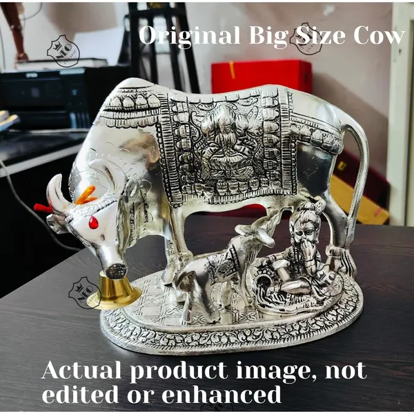 Detailed_Cow_&_Calf_design_with_fine_craftsmanship_Durable_aluminium_metal_construction_Silver_plated_antique_finish_XL_size_with_sturdy_900g_weight_Suitable_for_home,_office_&_temple_décorNEO_CLASSIC_Aluminium_Metal_Cow_with_Calf_Statue_XL_(900g)_|_Silver_Plated_Antique_Finish_|_Decorative_Showpiece_for_Home,_Office,_Temple_&_Gifting