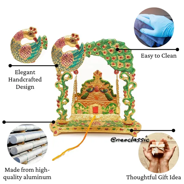 NEO_CLASSIC_Laddu_Gopal_Jhula_Swing_|_Krishna_Hindola_Palana_for_Temple_Pooja_&_Home_Decor_Showpiece_(10_Inch,_Peacock_Color)