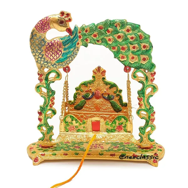 NEO_CLASSIC_Laddu_Gopal_Jhula_Swing_|_Krishna_Hindola_Palana_for_Temple_Pooja_&_Home_Decor_Showpiece_(10_Inch,_Peacock_Color)