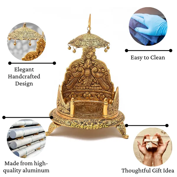 NEO_CLASSIC_Gold_Plated_Ladoo_Gopal_Singhasan_|_Oval_Pooja_Chowki_for_Lord_Krishna_|_Decorative_Nand_Gopal_Palana_|_Temple_&_Home_Decor