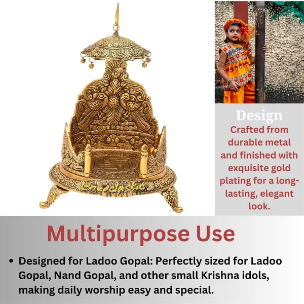 NEO_CLASSIC_Gold_Plated_Ladoo_Gopal_Singhasan_|_Oval_Pooja_Chowki_for_Lord_Krishna_|_Decorative_Nand_Gopal_Palana_|_Temple_&_Home_Decor