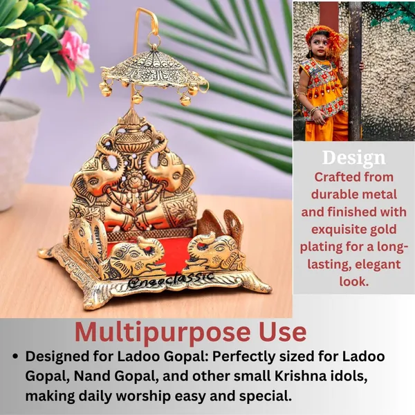 NEO_CLASSIC_Gold_Plated_Metal_Singhasan_for_Laddu_Gopal_|_Square_Pooja_Chowki_for_Lord_Krishna_Idol_|_Decorative_Mandir_Palana_(15_cm)