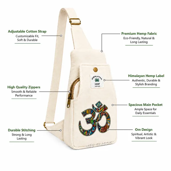 NEO_CLASSIC_Hemp_Sling_Bag_for_Men_&_Women_|_Om_Print_Crossbody_Shoulder_Bag_|_Natural_Hemp_Fabric_|_Adjustable_Strap_|_Off_White
