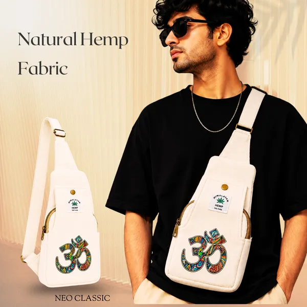 NEO_CLASSIC_Hemp_Sling_Bag_for_Men_&_Women_|_Om_Print_Crossbody_Shoulder_Bag_|_Natural_Hemp_Fabric_|_Adjustable_Strap_|_Off_White