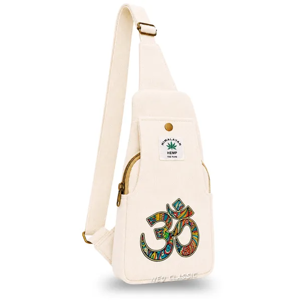 NEO_CLASSIC_Hemp_Sling_Bag_for_Men_&_Women_|_Om_Print_Crossbody_Shoulder_Bag_|_Natural_Hemp_Fabric_|_Adjustable_Strap_|_Off_White