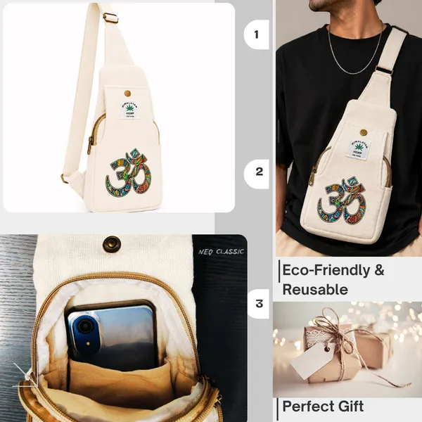 NEO_CLASSIC_Hemp_Sling_Bag_for_Men_&_Women_|_Om_Print_Crossbody_Shoulder_Bag_|_Natural_Hemp_Fabric_|_Adjustable_Strap_|_Off_White