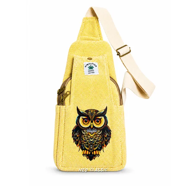 NEO_CLASSIC_Hemp_Sling_Bag_for_Men_&_Women_|_Owl_Print_Crossbody_Shoulder_Bag_|_Natural_Hemp_Fabric_|_Adjustable_Strap_|_Yellow